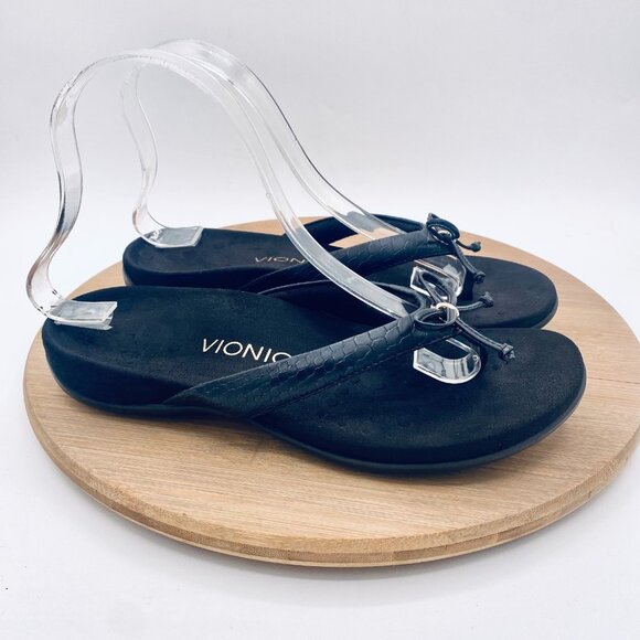 Vionic Cassie Sandals Womens 7 Black Leather Orthotic Flip Flop Bow - Picture 1 of 11